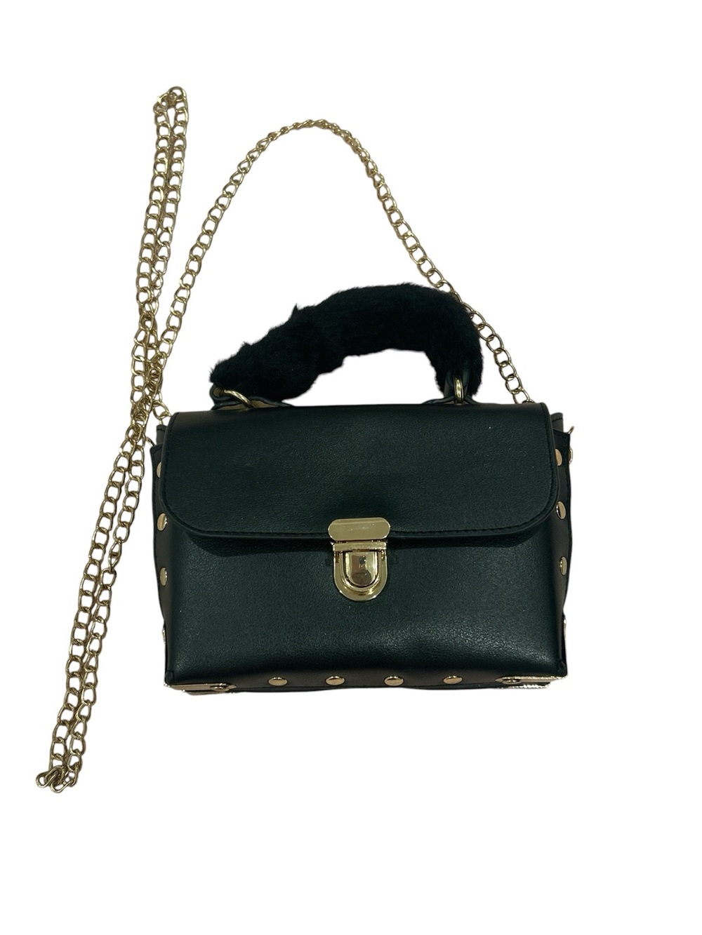 Black Faux Leather Chain Satchel with Gold Hardware